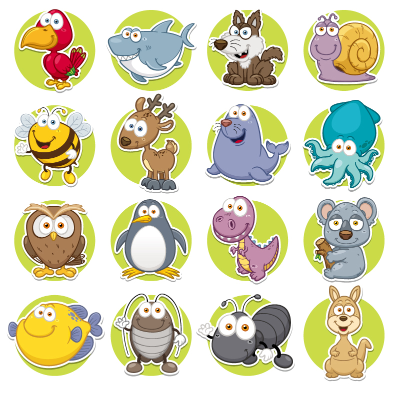 Round of 16 cartoon animal icon vector material