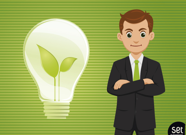 Business man with his arms and light bulbs vector material
