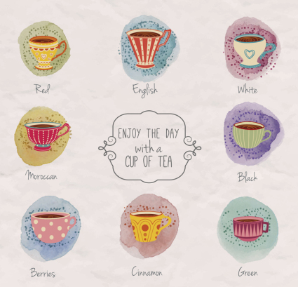 8 tea drinks watercolor design vector material