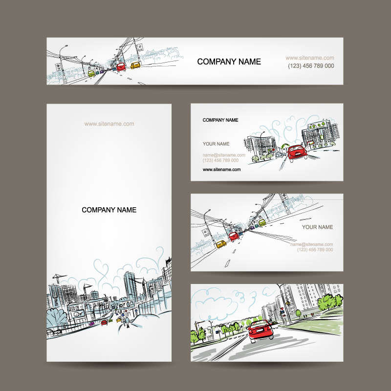 Hand-painted city business card design vector material