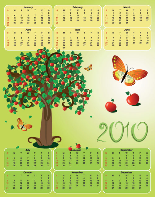 Butterfly theme of the 2010 calendar template vector tree material