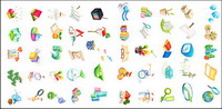 Balloons, blocks, gifts, pencils, chairs, clocks, keys, magic wand, lotus, seed icon