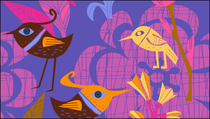 Lovely hand-painted flowers and birds vector -1