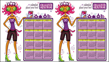 2012 cartoon girls calendar - Vector